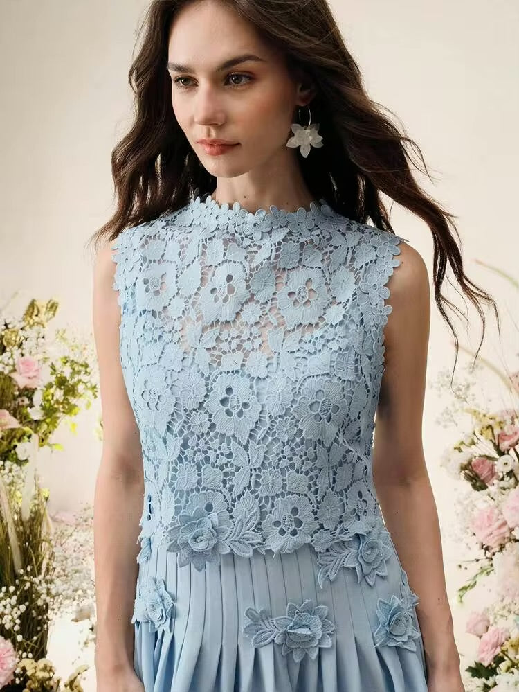 CM-DS956378 Women Elegant Seoul Style Stand Collar Sleeveless Floral Embroidered Lace Midi Dress - Blue