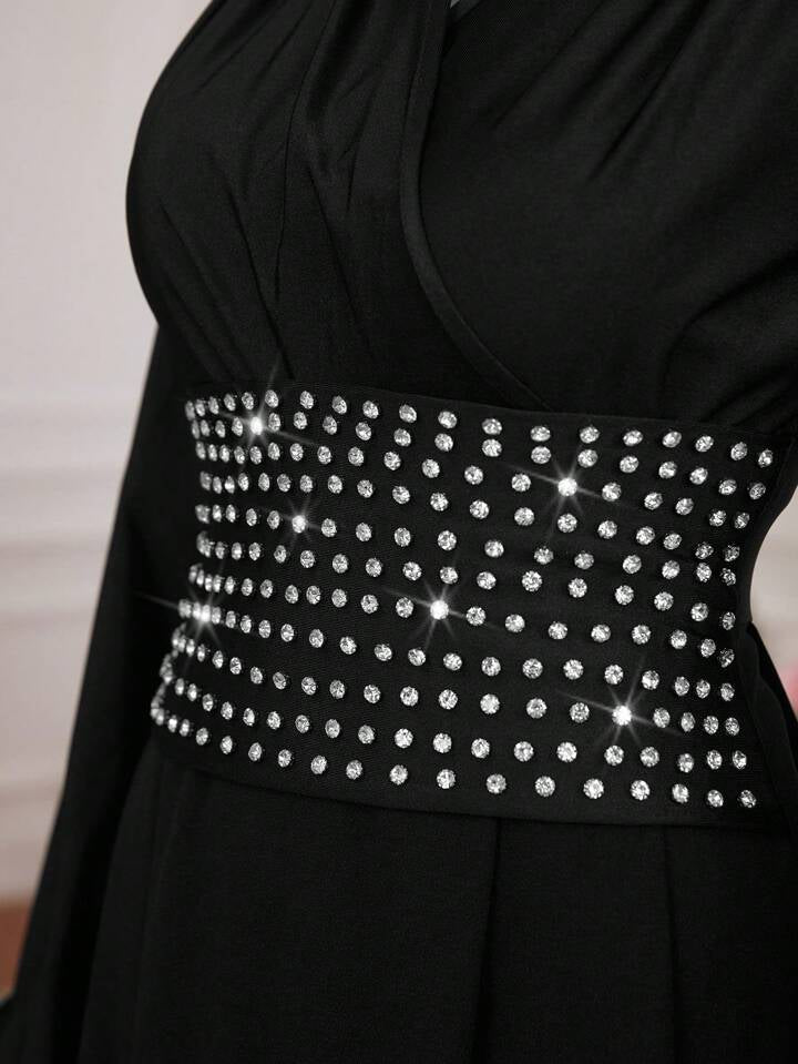 CM-DS472488 Women Elegant Seoul Style Rhinestone Decorated Lantern Sleeve Dress - Black