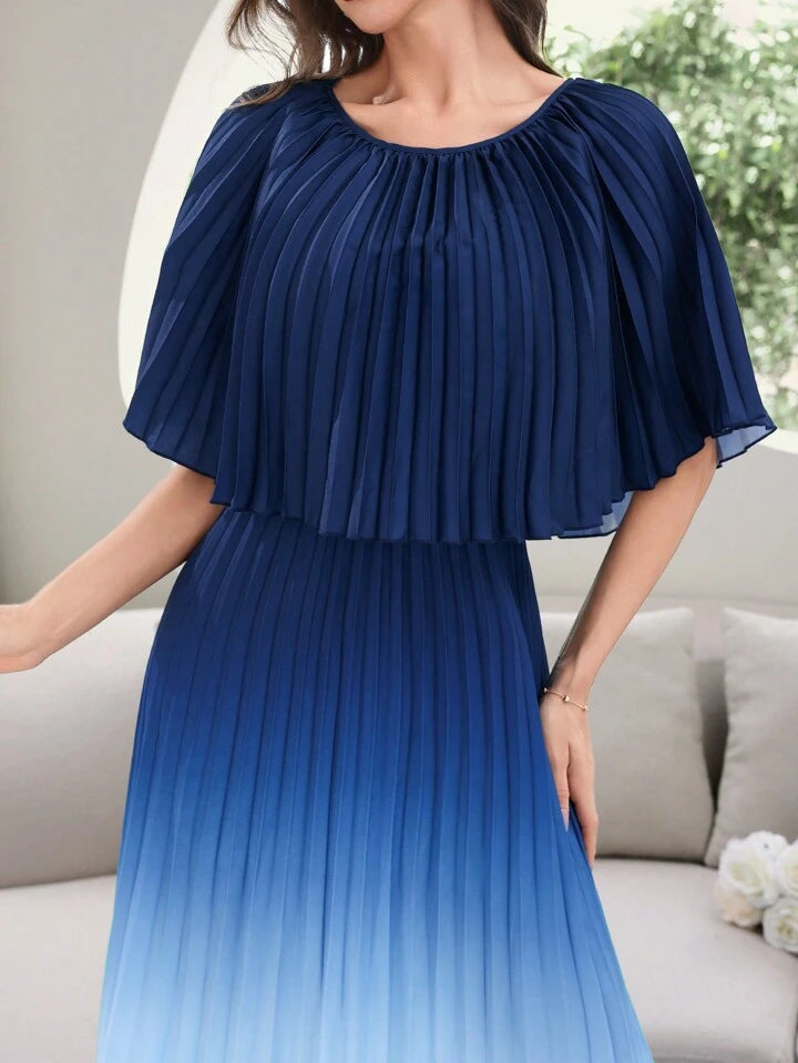CM-DS550959 Women Elegant Seoul Style Gradient Color Pleated Round Neck Long Dress - Blue