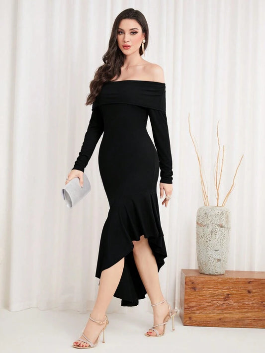 CM-DS615954 Women Elegant Seoul Style Off the Shoulder Ruffle Hem Midi Dress - Black