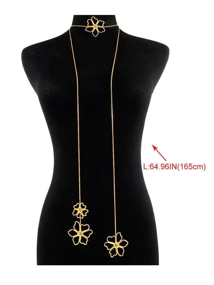 CM-AXS150589 Women Trendy Seoul Style Metal Flower Pendant Long Necklace - Yellow Gold