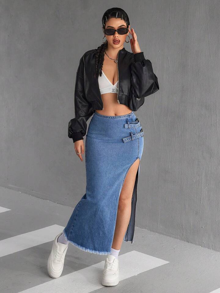 CM-BS748262 Women Casual Seoul Style Side Eyelet Buckle Slit Hem Long Denim Skirt