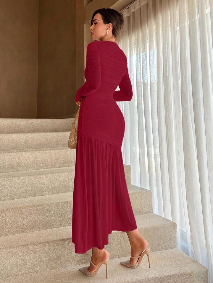 CM-DS494737 Women Elegant Seoul Style Round Neck Solid Ruched Ruffle Hem Dress - Burgundy