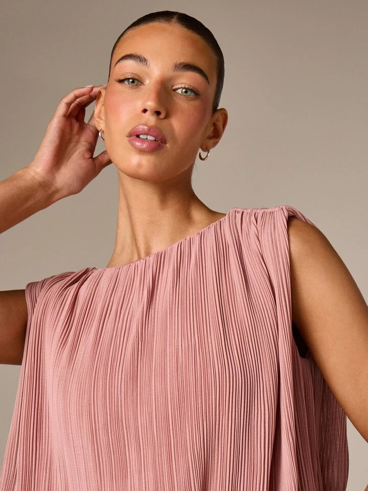 CM-TS550228 Women Casual Seoul Style Crew Neck Pleated Sleeveless Blouse - Pink