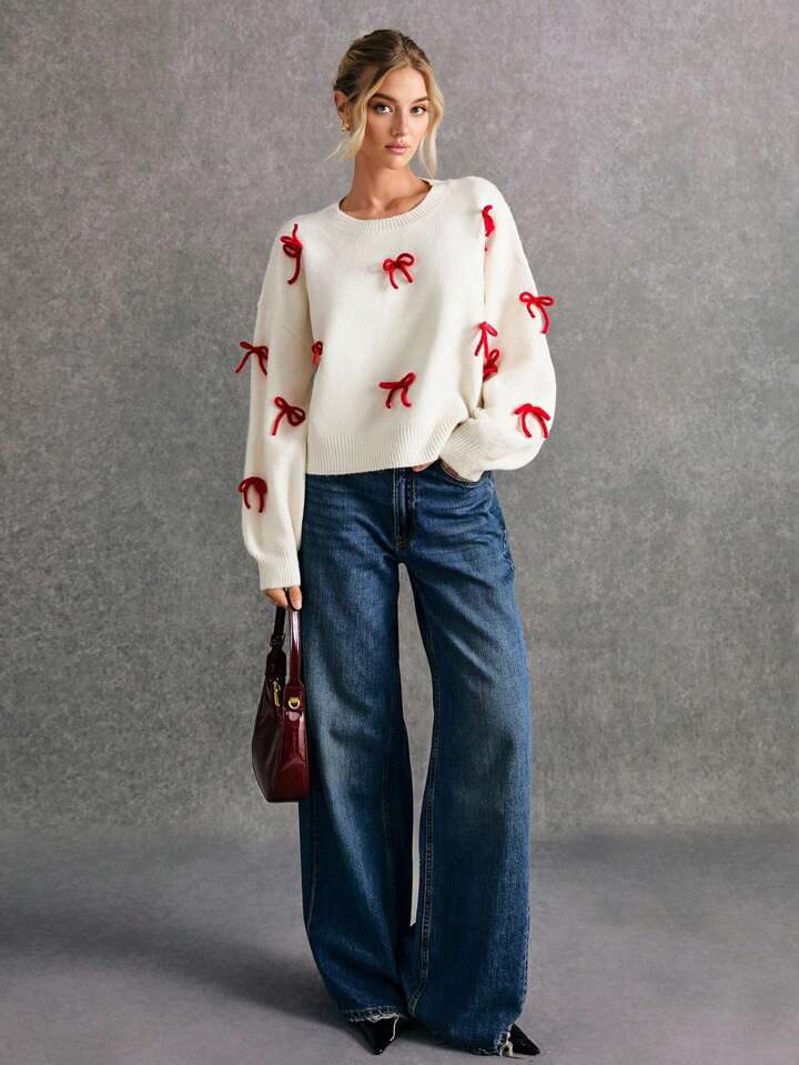 CM-CS571757 Women Casual Seoul Style Round Neck Drop Shoulder Bow Decor Sweater - Apricot