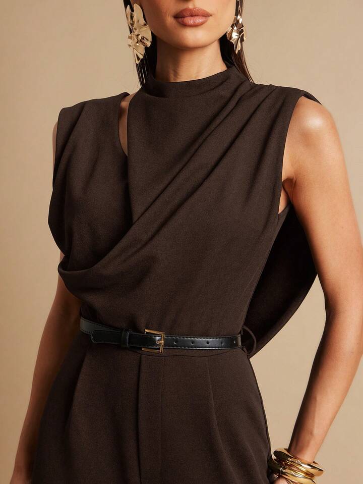 CM-JS606354 Women Elegant Seoul Style Stand Collar Sleeveless Pleated Backless Jumpsuit - Brown