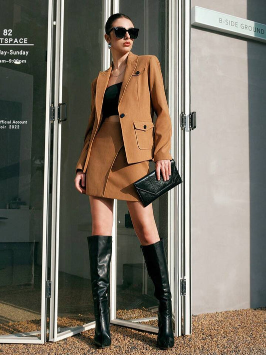 CM-SS550885 Women Elegant Seoul Style Flap Pocket Long Sleeve Blazer With Skirt Suit - Brown