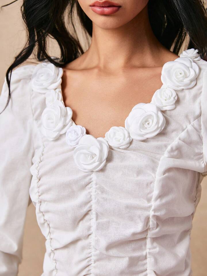 CM-TS222103 Women Casual Seoul Style V-Neck 3D Floral Decor Long Sleeve Shirt - White