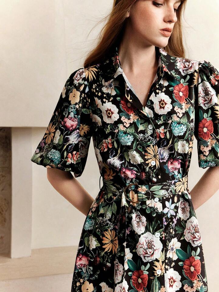 CM-DS232225 Women Casual Seoul Style Floral Print Elastic Waist Ruched Puff Sleeve Belted Midi Dress - Black