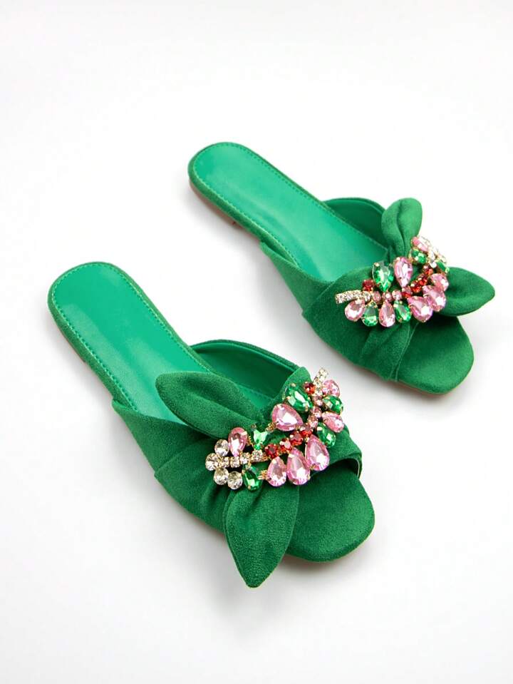 CM-SHS190567 Women Trendy Seoul Style Rhinestone And Bow Decor Slide Sandals - Green