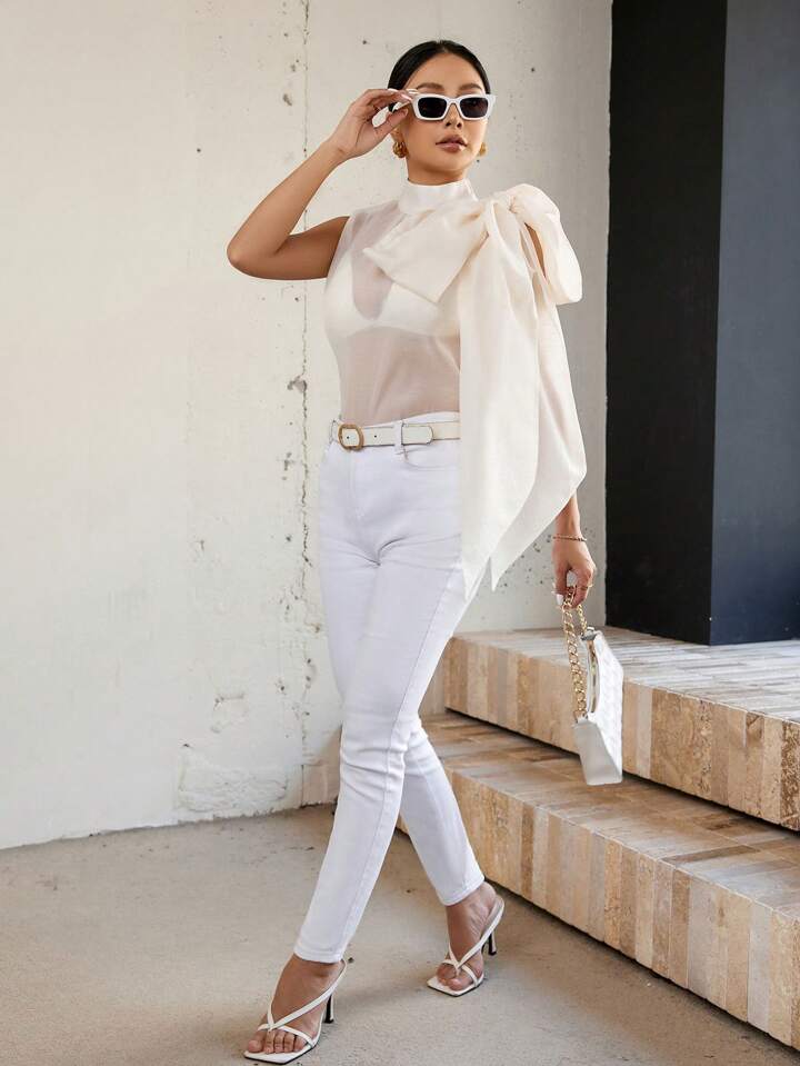 CM-TS509959 Women Casual Seoul Style Stand Collar Tie Front Sleeveless Shirt - Beige