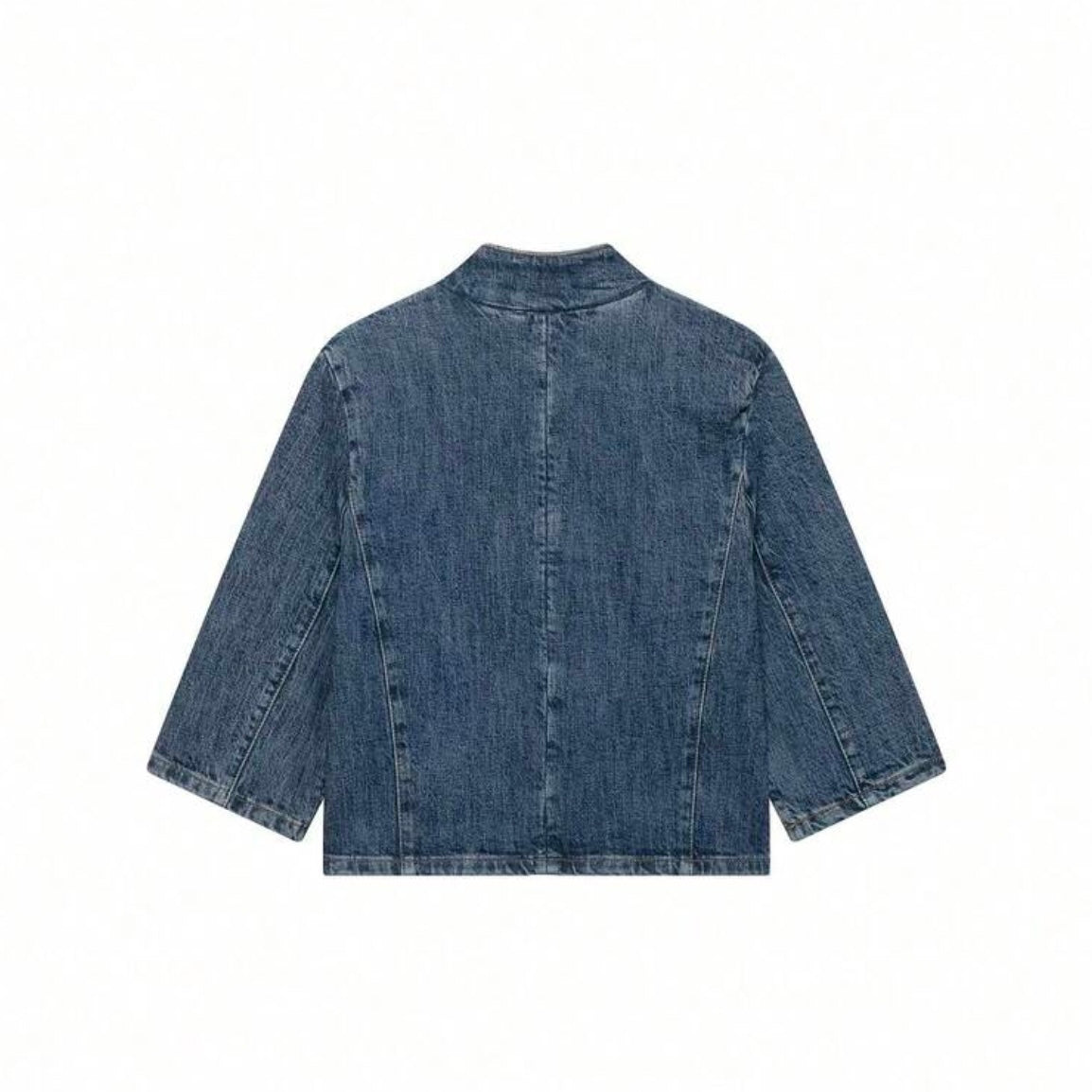 CM-CS843799 Women Casual European Style Stand Collar Half Sleeve Short Denim Blazer Jacket - Blue