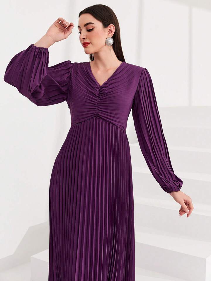 CM-DS825481 Women Elegant Seoul Style V-Neck Pleated Lantern Sleeve Dress - Purple