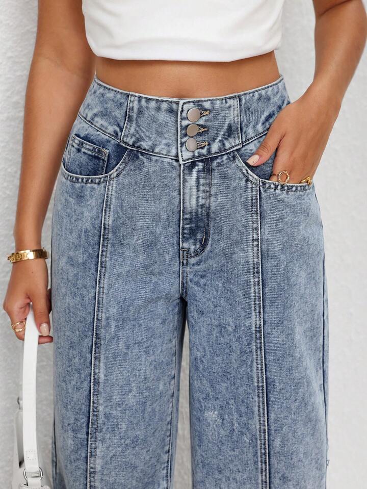 CM-BS591917 Women Casual Seoul Style Light Wash High Waist Seam Detail Straight Leg Jeans