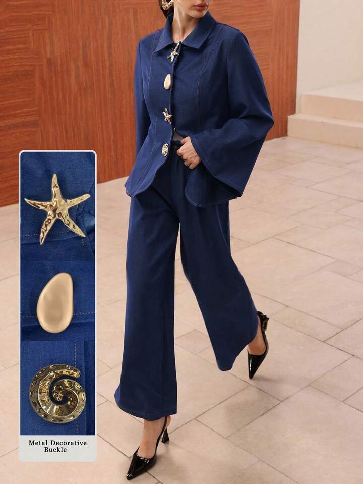 CM-SS555905 Women Elegant Seoul Style Metal Button Decor Long Sleeve Denim Top With High Waist Wide Leg Pants - Set
