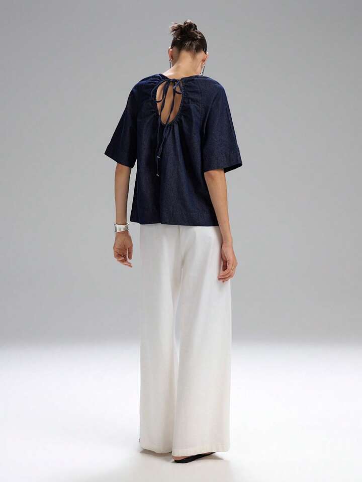 CM-TS435444 Women Casual Seoul Style Drawstring Round Neck 3/4 Sleeve Denim Loose Blouse - Blue