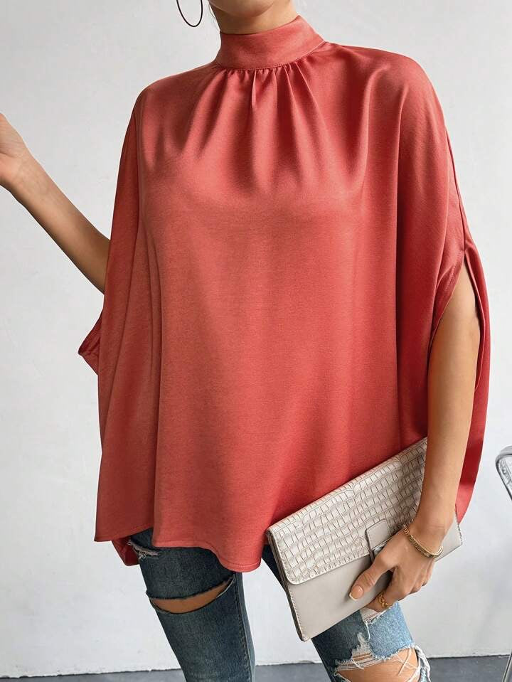 CM-TS713863 Women Casual Seoul Style Stand Collar Tie Back Batwing Sleeve Shirt - Rose Red