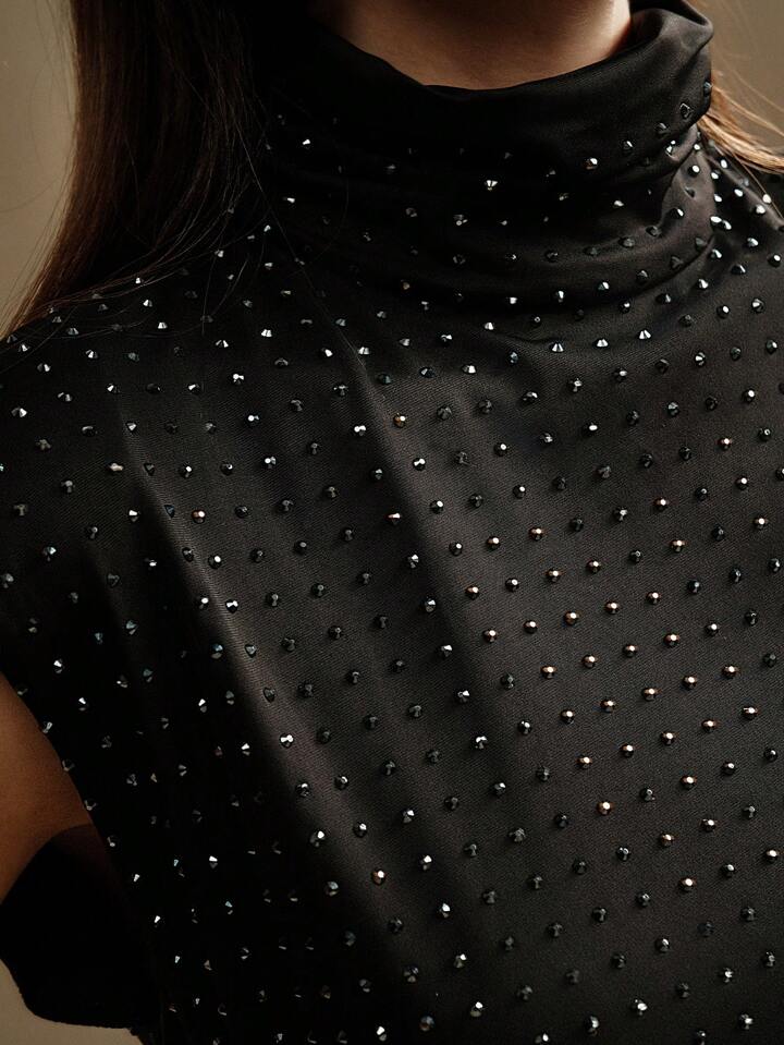 CM-DS773291 Women Elegant Seoul Style High Neck Stud-Embellished Woven Mini Dress - Black