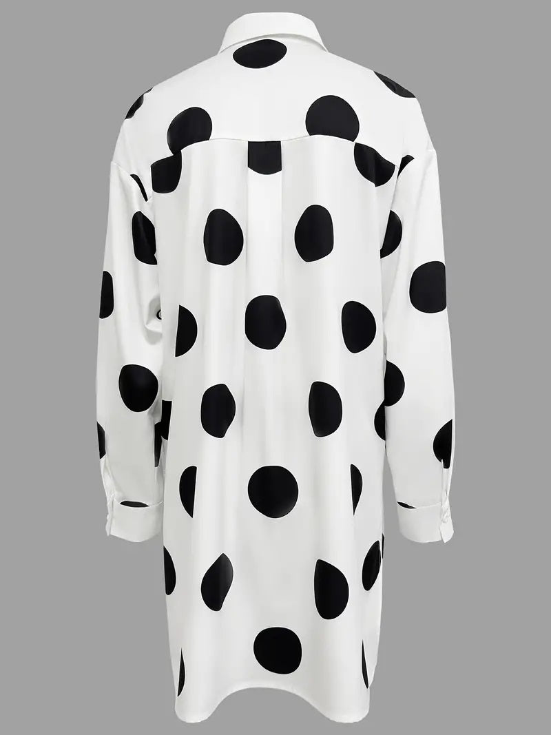 CM-TT021725 Women Casual Seoul Style Polka Dot Print Dipped Hem Shirt