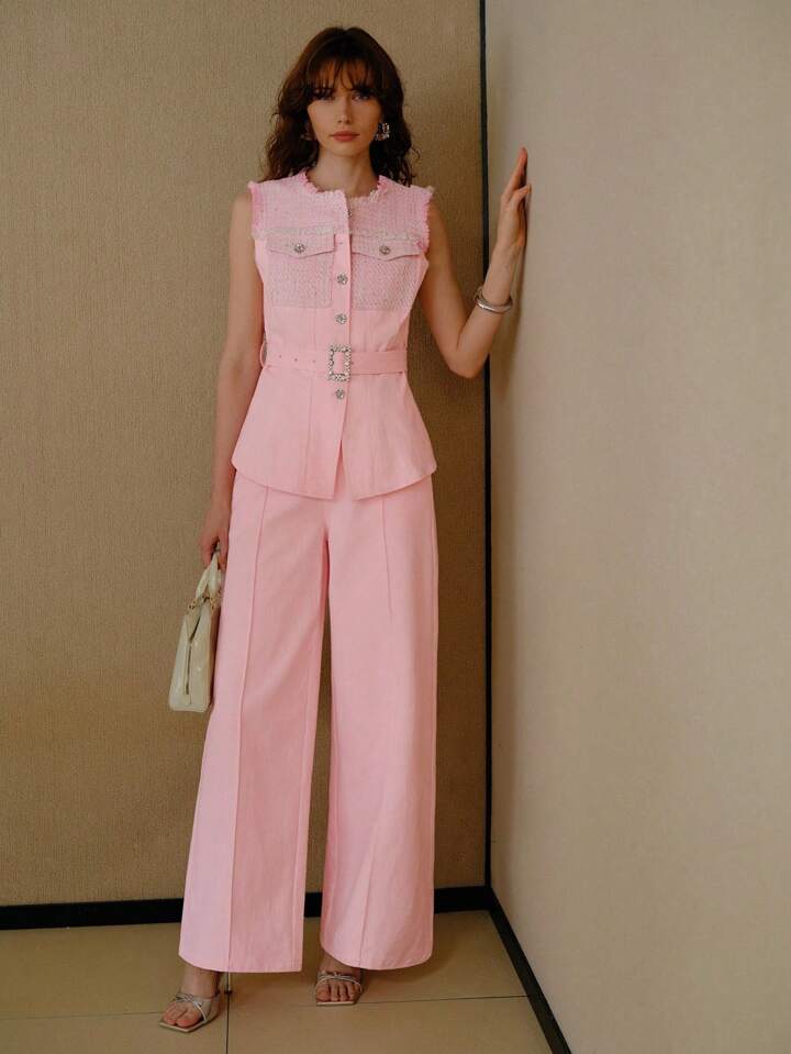 CM-TS654625 Women Elegant Seoul Style Round Neck Sleeveless Single-Breasted Button Up Belted Denim Top - Pink