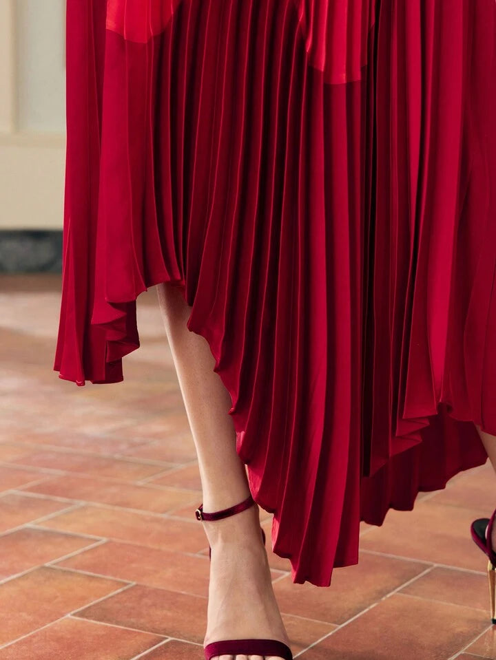 CM-BS688215 Women Elegant Seoul Style Mid Waist Colorblock Pleated Asymmetrical Satin Hem Skirt - Red