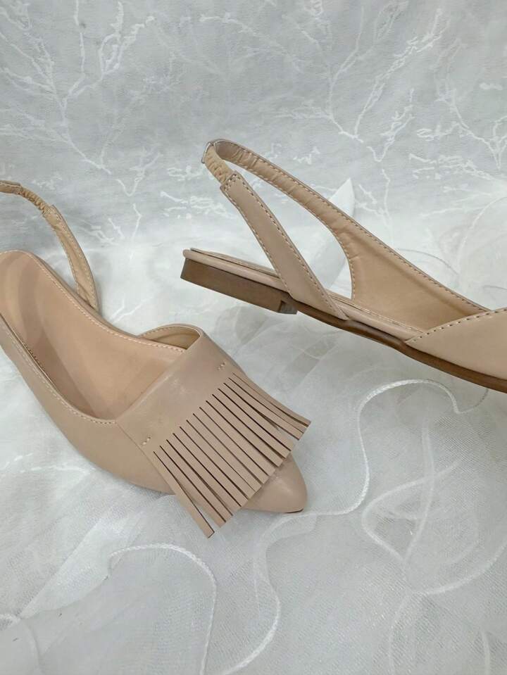 CM-SHS440370 Women Trendy Seoul Style Tassel Design Ankle Strap Flat Shoes - Apricot