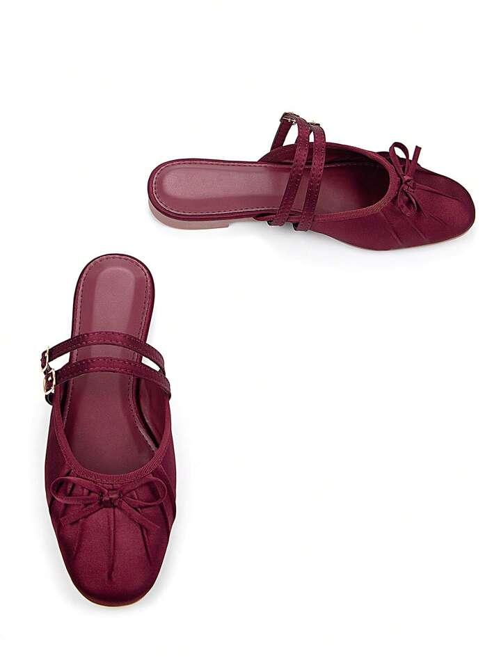 CM-SHS322252 Women Trendy Seoul Style Thin Strap Buckle Bow Satin Square Toe Slip-On Ballet Flats - Burgundy