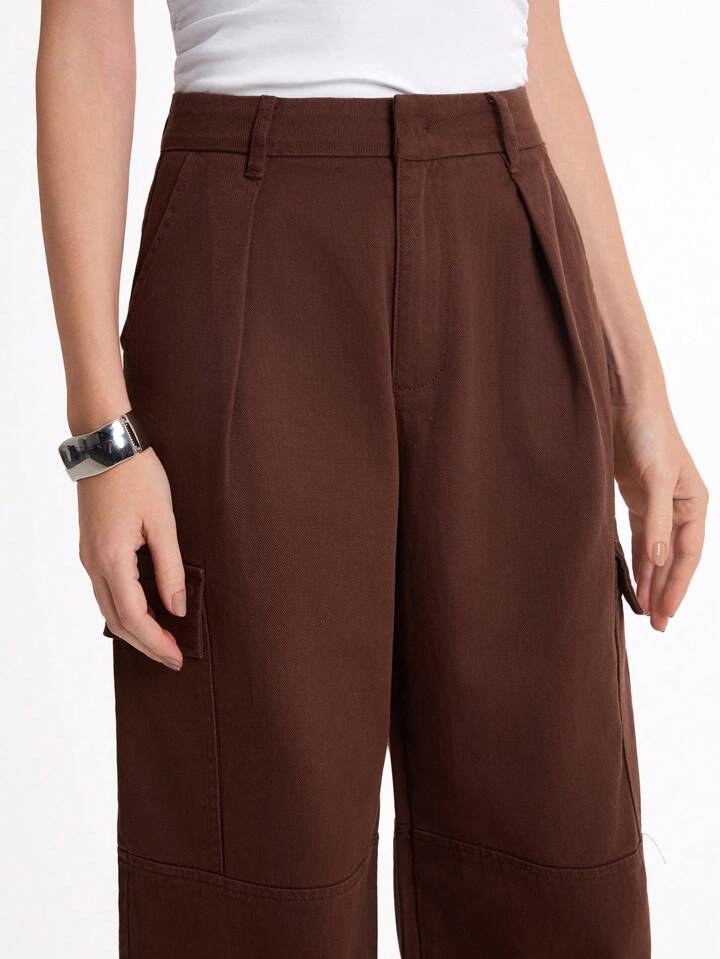 CM-BS659057 Women Casual Seoul Style High Waist Loose Wide-Leg Cargo Jeans - Coffee Brown
