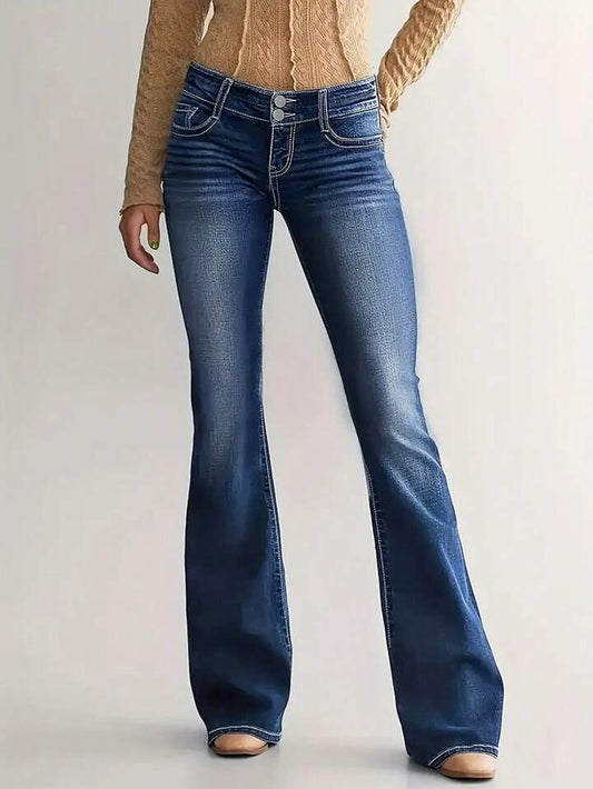 CM-BS378658 Women Casual Seoul Style Dark Wash Low Waist Slim Fit Flared Jeans