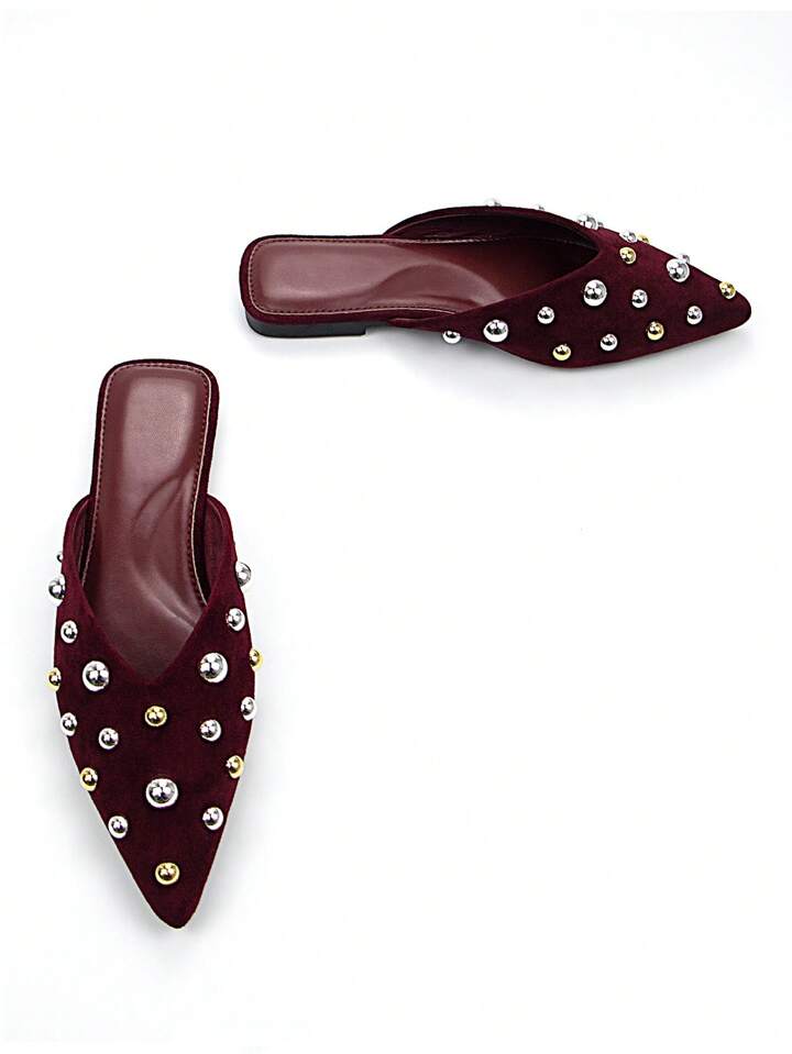 CM-SHS830318 Women Trendy Seoul Style Metal Stud Decor Faux Suede Pointed Toe Slip-On Flats - Burgundy