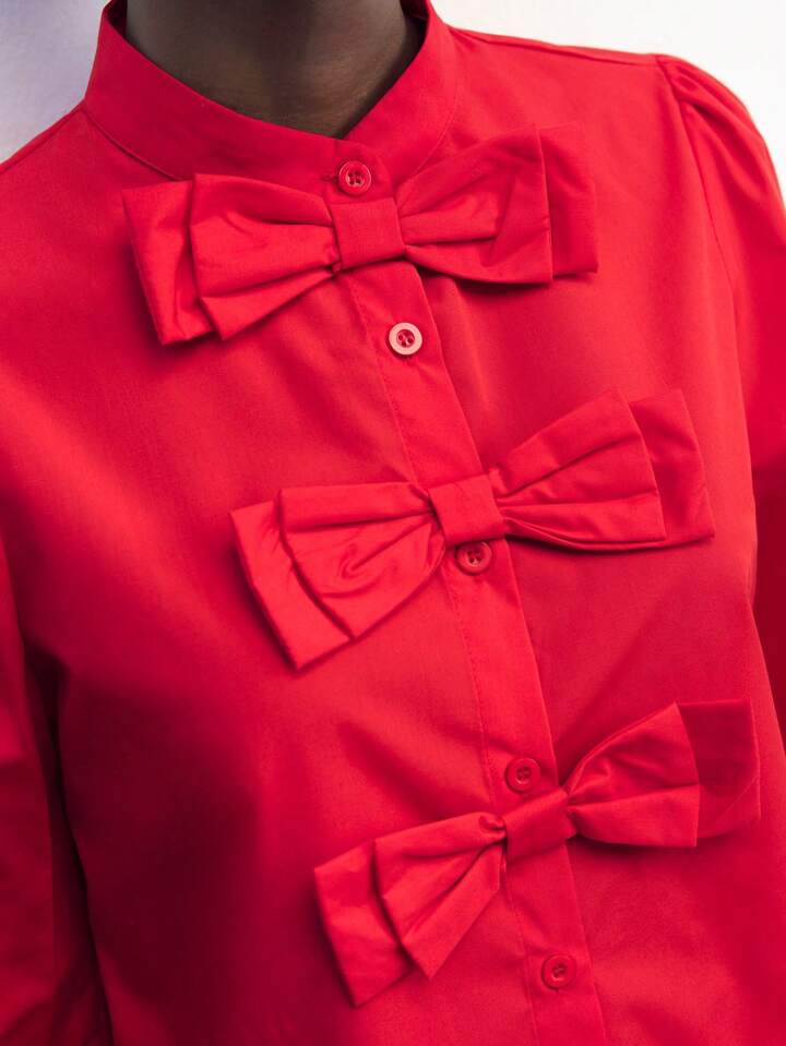 CM-TS178815 Women Elegant Seoul Style Bow Decor Shirt Collar Button-Up Long Sleeve Blouse - Red