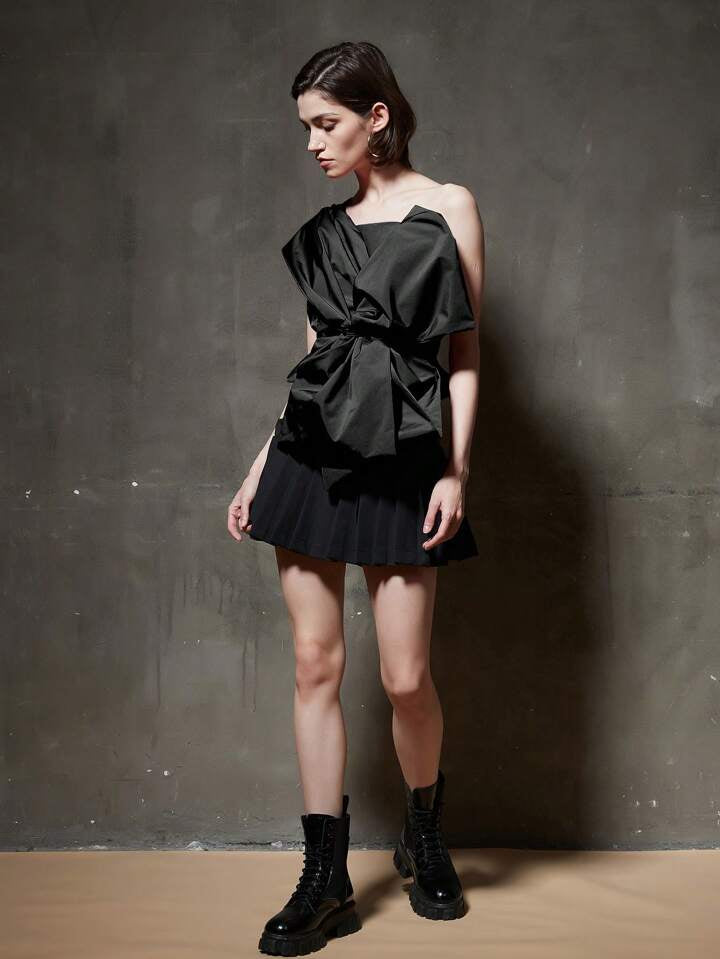 CM-TS619059 Women Casual Seoul Style Front Bow Asymmetrical Collar Blouse - Black