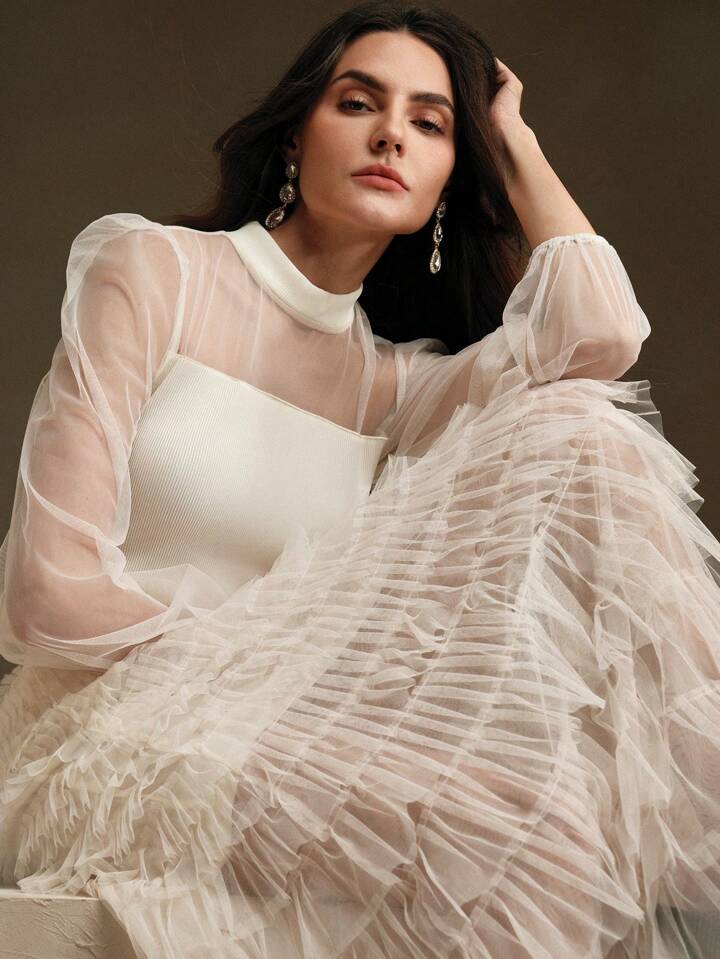 CM-DS765537 Women Elegant Seoul Style Stand Collar Long Sleeve Mesh Patchwork Layered Dress