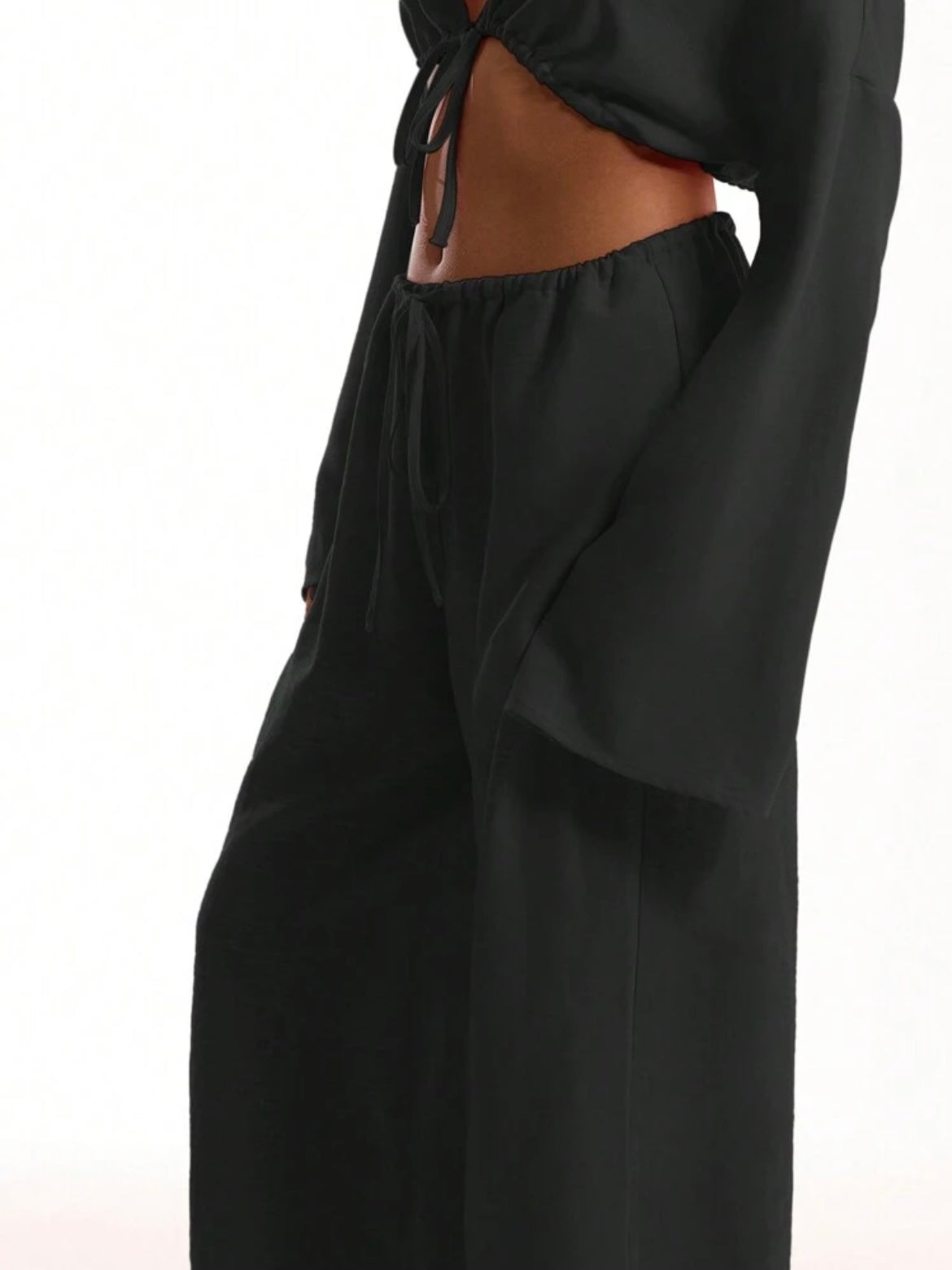 CM-BS676282 Women Trendy Bohemian Style Tie Front Linen Feel Beach Trouser - Black