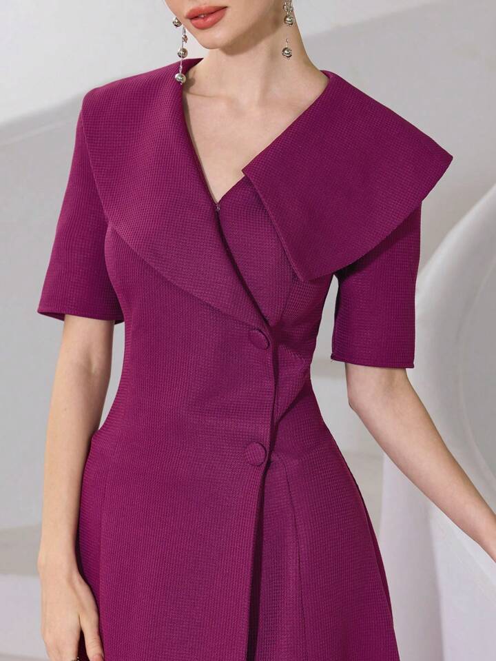 CM-DS772423 Women Elegant Seoul Style Solid Color V-Neck Short Sleeve Front Button Long Dress
