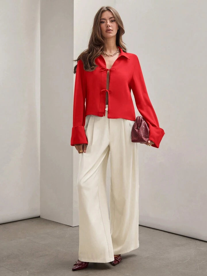 CM-TS896830 Women Trendy Bohemian Style Shirt Collar Front Tie Long Sleeve Shirt - Red