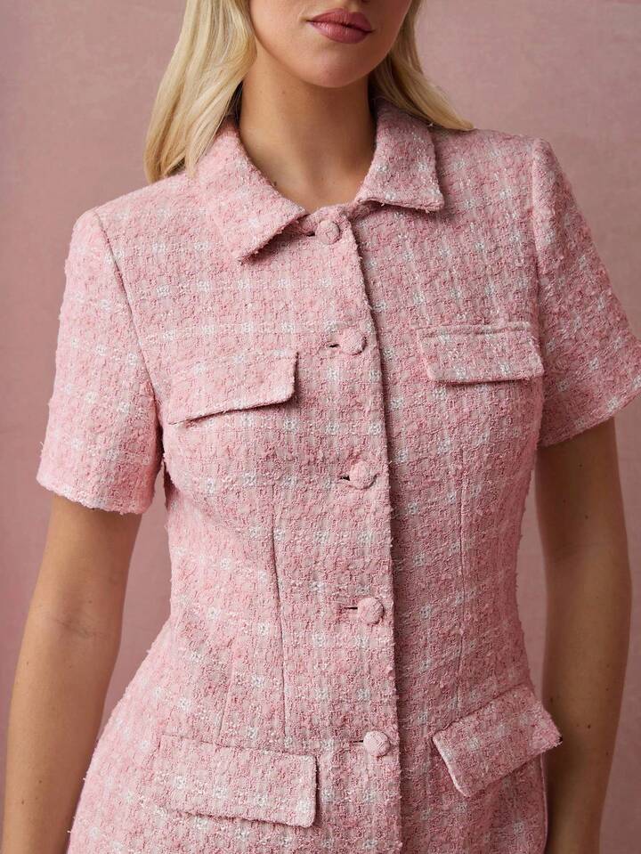 CM-DS211203 Women Elegant Seoul Style Tweed Button Front Collar Neckline Short Sleeves Mini Dress - Pink