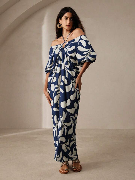 CM-DS180491 Women Trendy Bohemian Style Printed Pleated Backless Maxi Dress - Navy Blue