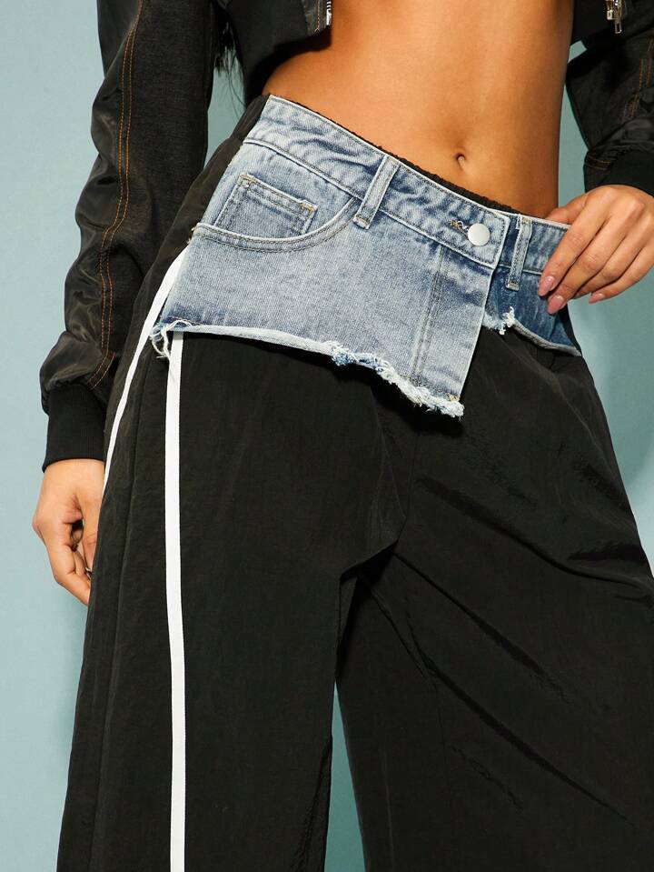 CM-BS452161 Women Casual Seoul Style High Waist Patchwork Front Button Pocket Denim Trousers