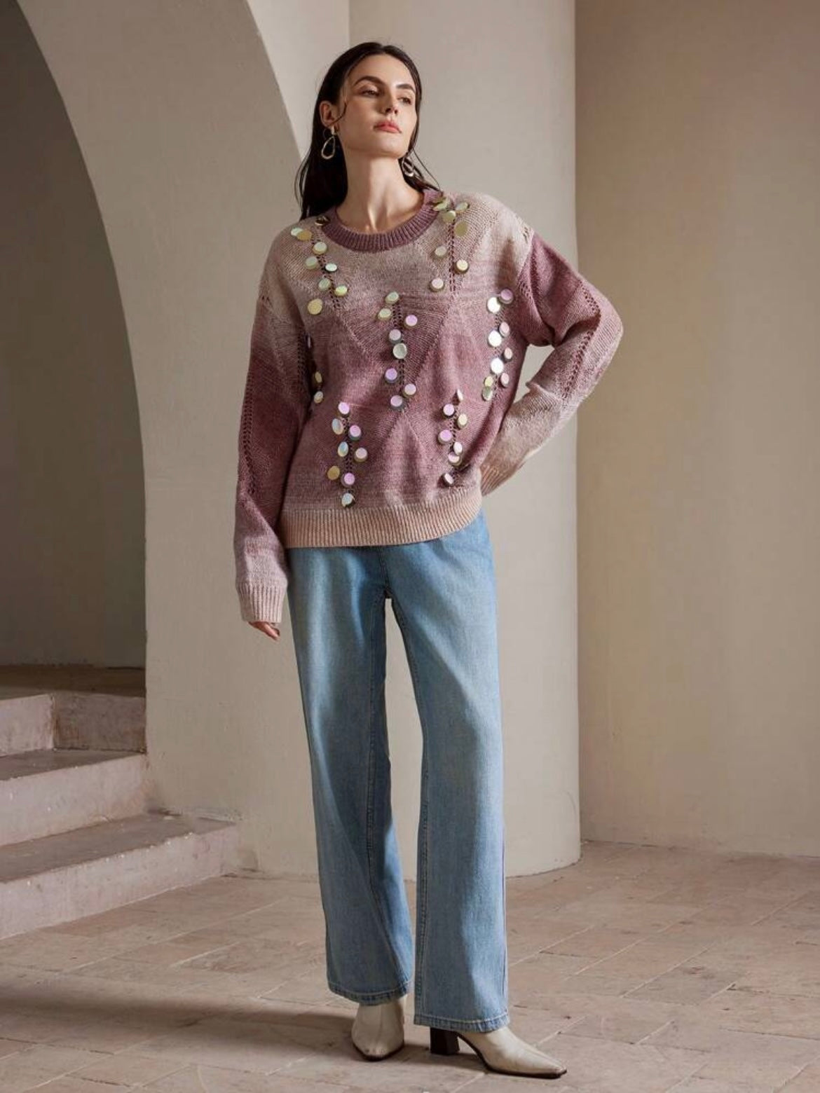 CM-CS835230 Women Casual Seoul Style Sequin Random Floral Pattern Pullover Sweater