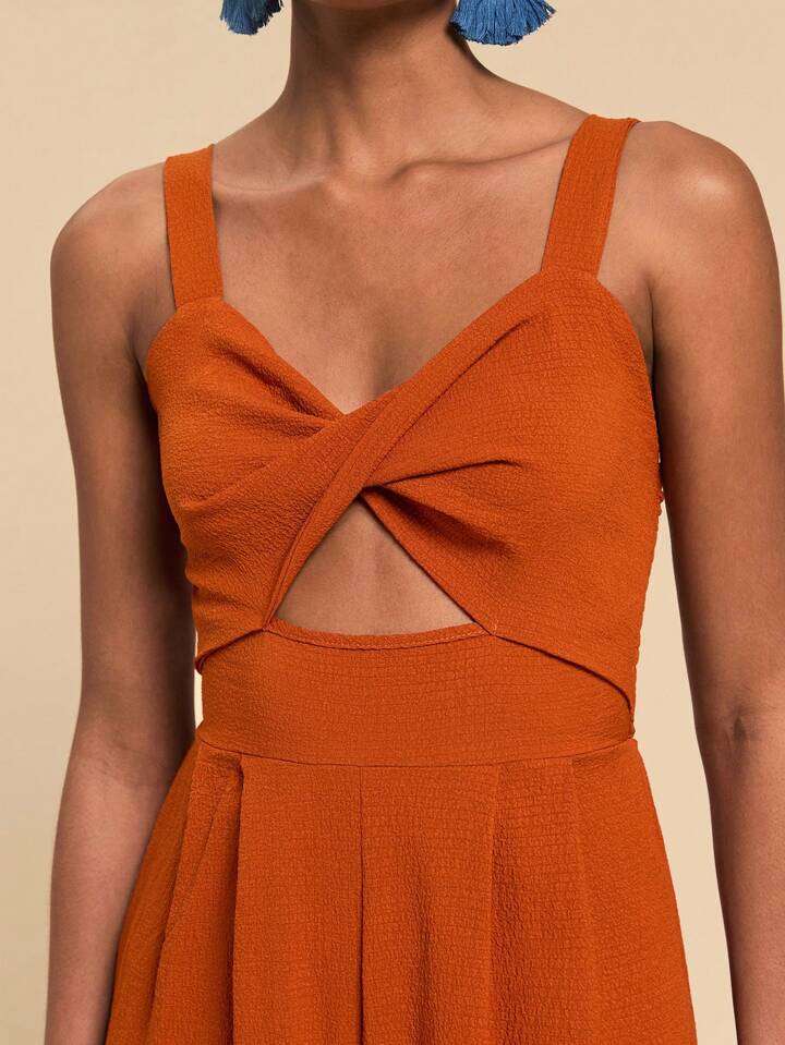 CM-JS719433 Women Trendy Bohemian Style Twist Front Cutout Cami Jumpsuit - Brown