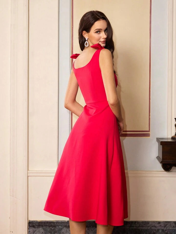 CM-DS182268 Women Elegant Seoul Style Double Bow Strap Design Sleeveless Solid Color Midi Dress - Red