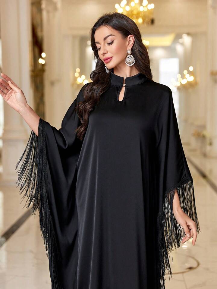 CM-DS970154 Women Elegant Seoul Style Keyhole Neckline Tassel Decor Loose Fit Dress - Black