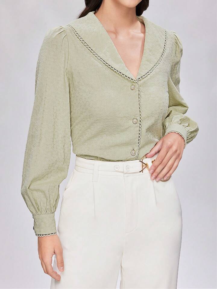 CM-TS417932 Women Elegant Seoul Style Shawl collar Lantern Sleeve Shirt - Green