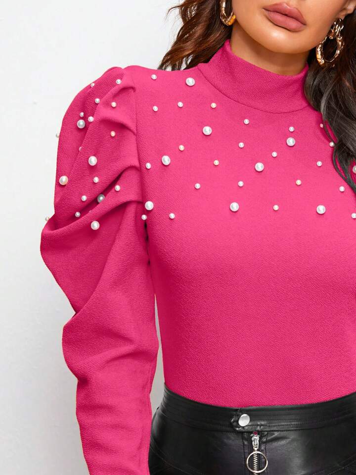CM-TS855507 Women Casual Seoul Style Mock-Neck Pearl Beaded Leg-of-Mutton Sleeve Top - Hot Pink