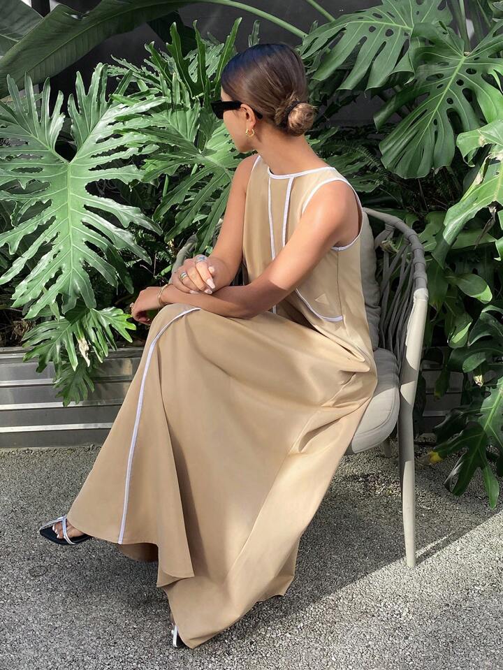 CM-DS310309 Women Casual Seoul Style Color-Conflicting Panels Sleeveless Loose Long Dress - Khaki