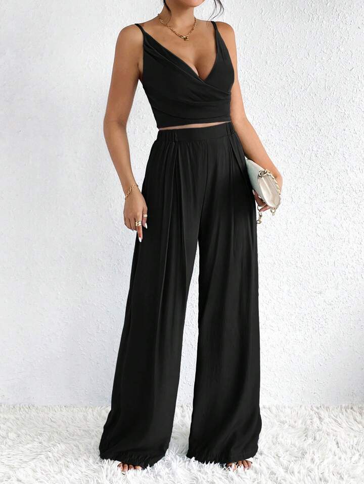 CM-SS843880 Women Casual Seoul Style Wrap Ruched Cami Top With Fold Pleated Wide Leg Pants - Set