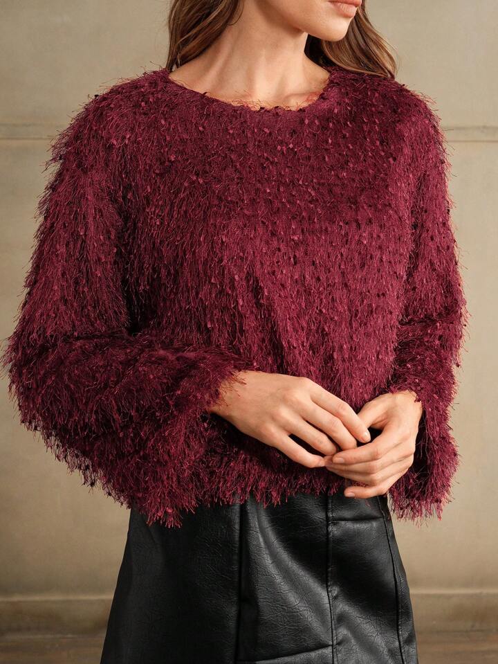 CM-TS181519 Women Elegant Seoul Style Round Neck Long Sleeve Glittery Tassel T-Shirt - Burgundy