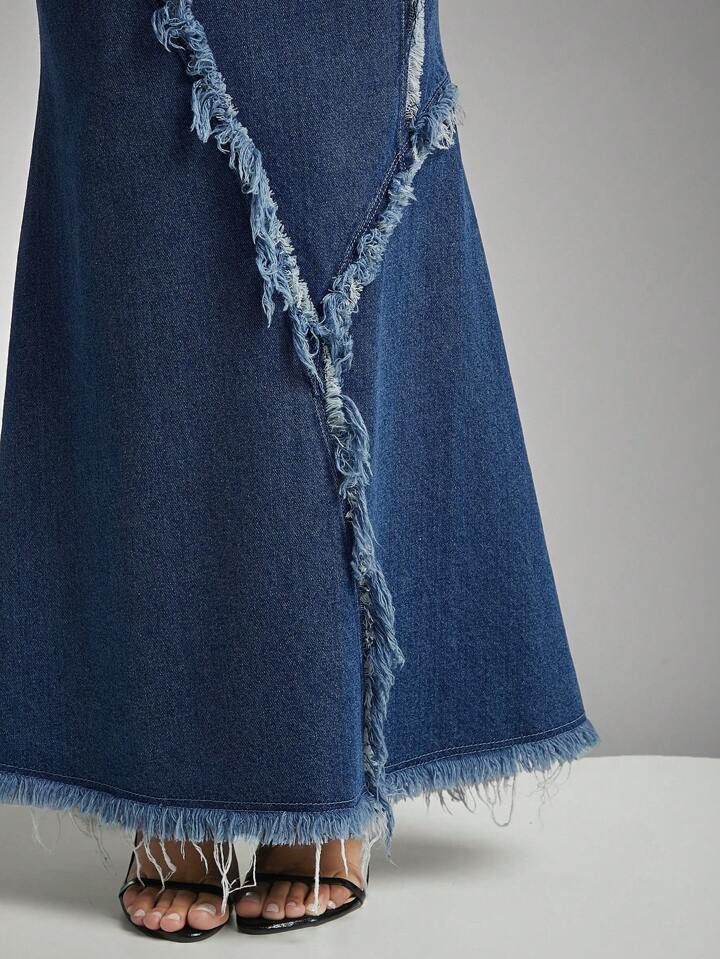 CM-BS199353 Women Casual Seoul Style Frayed Lace Detail Distressed Hem Denim Mermaid Skirt