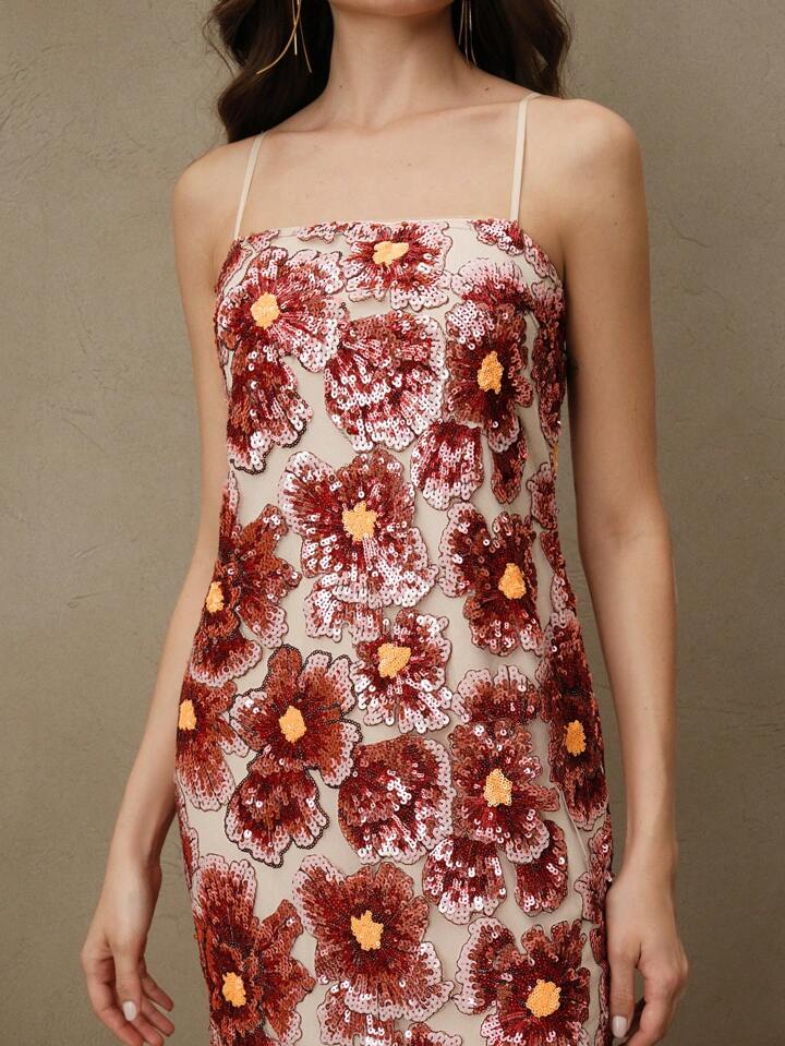 CM-DS772966 Women Elegant Seoul Style Handmade Bead Embroidered Floral Decor Backless Dress - Orange
